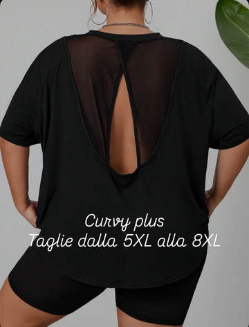 Maglietta sportiva da yoga, traspirante e ad asciugatura rapida, in taglia curvy, con pannelli in rete di seta ghiacciata e schiena traforata